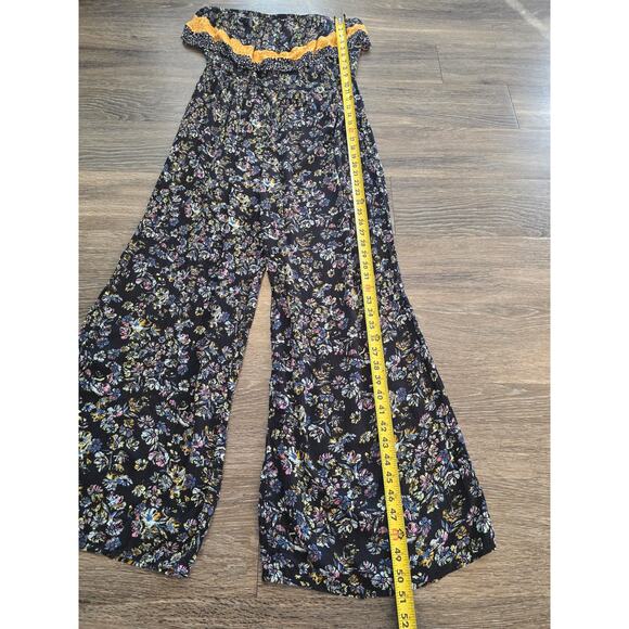 Muad Boho Floral Jumpsuit Black Yellow Patchwork Smocked Waist Size XL Fall - Picture 6 of 8